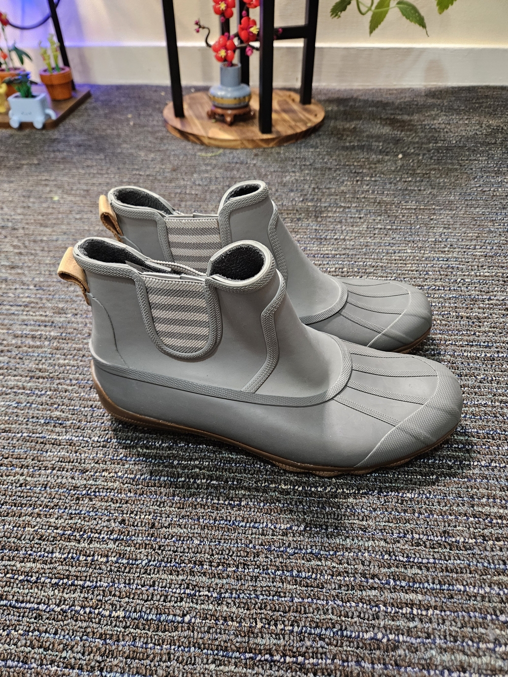 Women's Gray Waterproof Duck Boots with Tan Accent